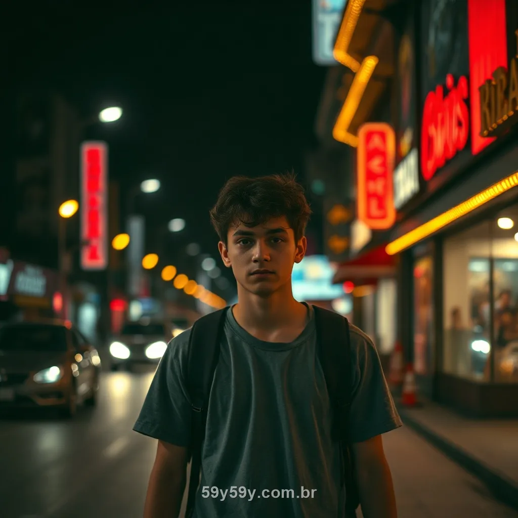 Jovem brasileiro na rua à noite com luzes vermelhas e douradas olhando o celular