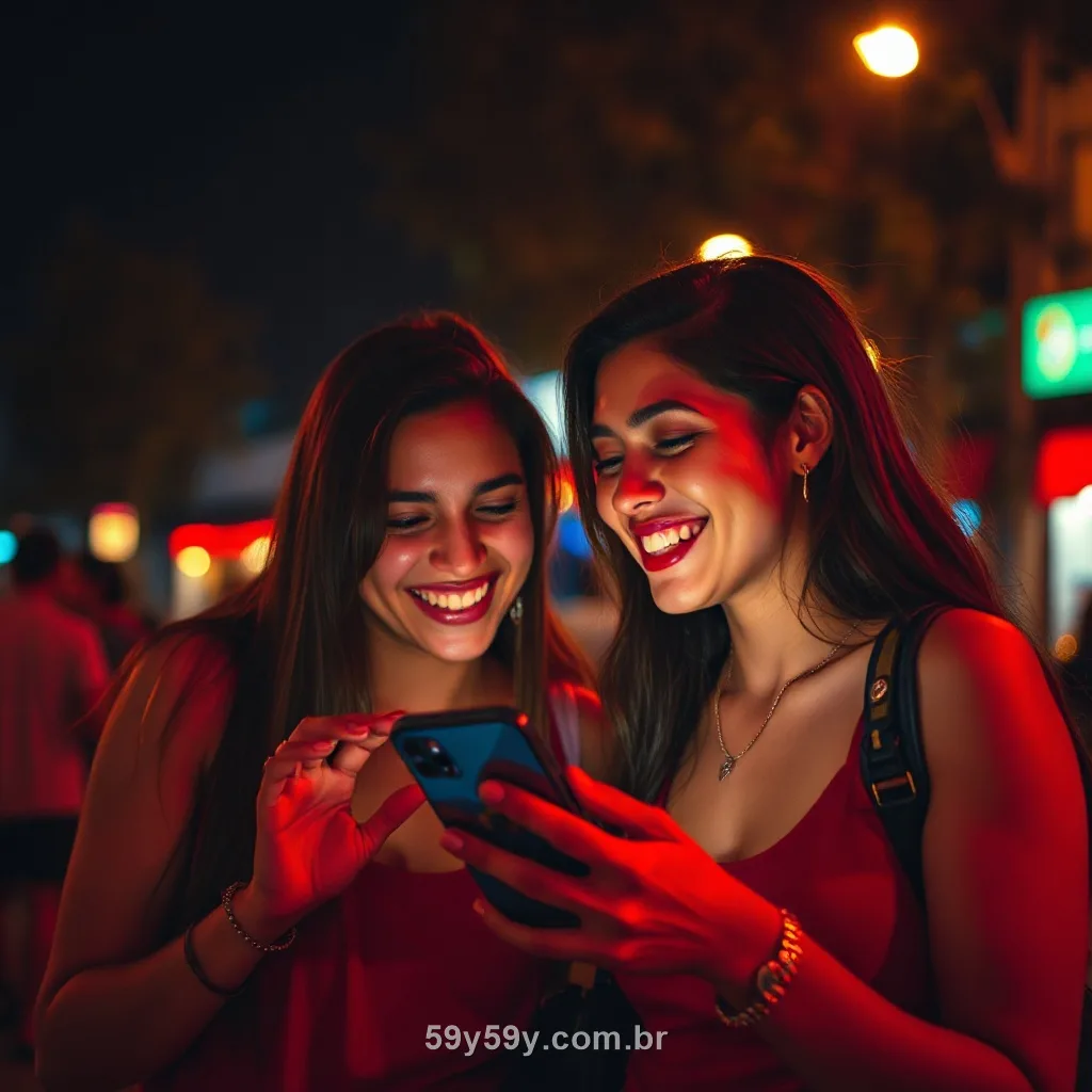 Dois amigos brasileiros rindo e olhando o celular juntos em casa à noite
