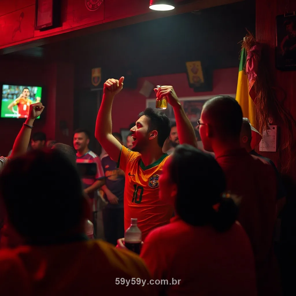 Torcedores brasileiros comemorando um jogo num bar à noite sob luz vermelha