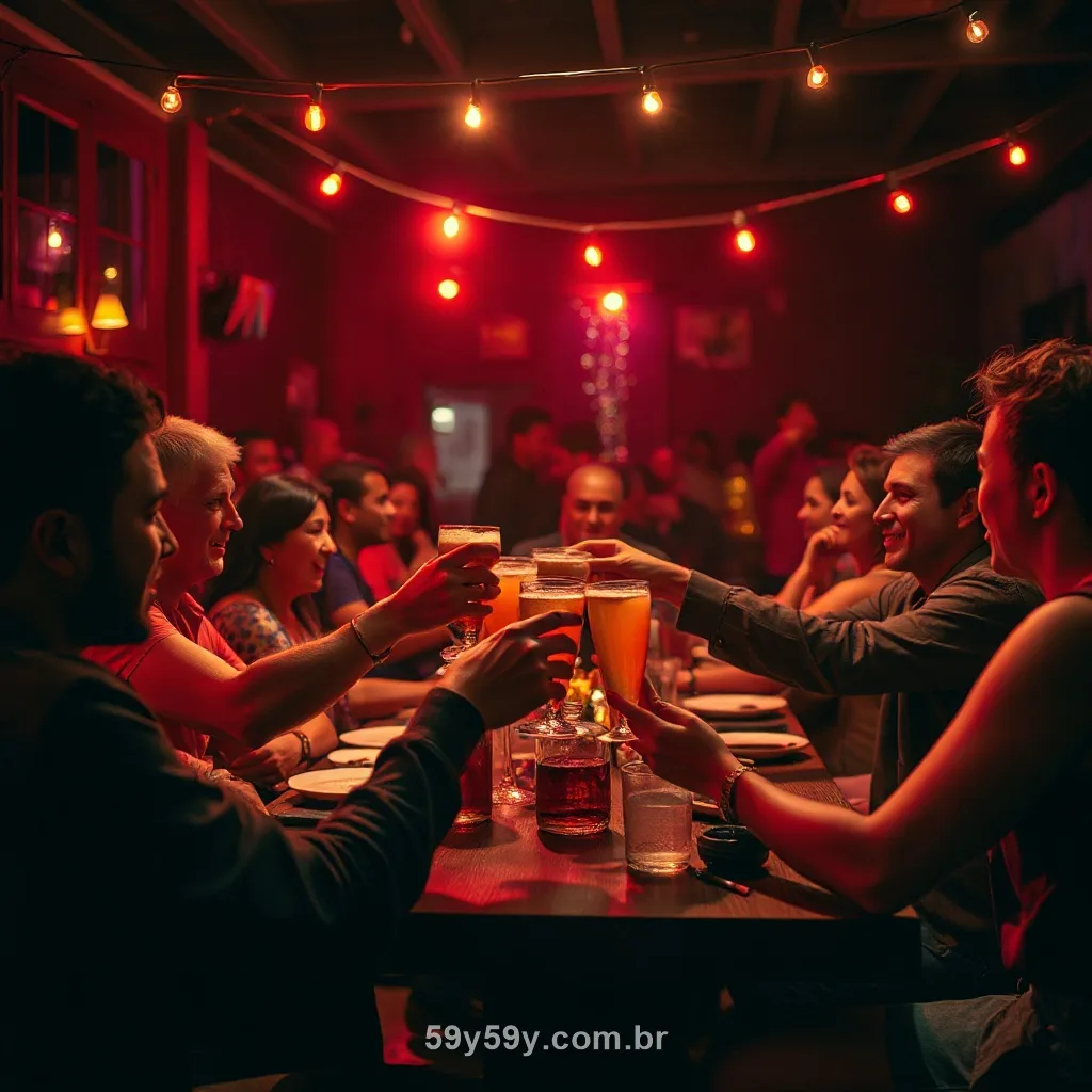 Amigos brasileiros comemorando juntos numa festa à noite com luz vermelha e dourada