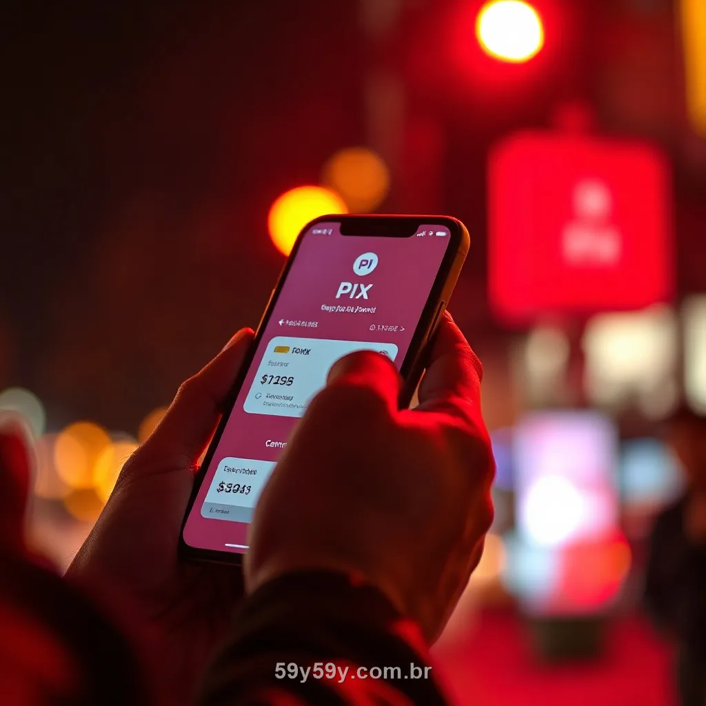 Pessoa confirmando um pagamento por PIX no celular à noite